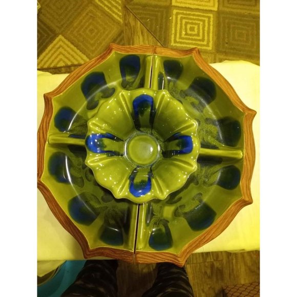 Vintage mid century California pottery lazy susan with wooden turntable chip dip - Picture 3 of 3